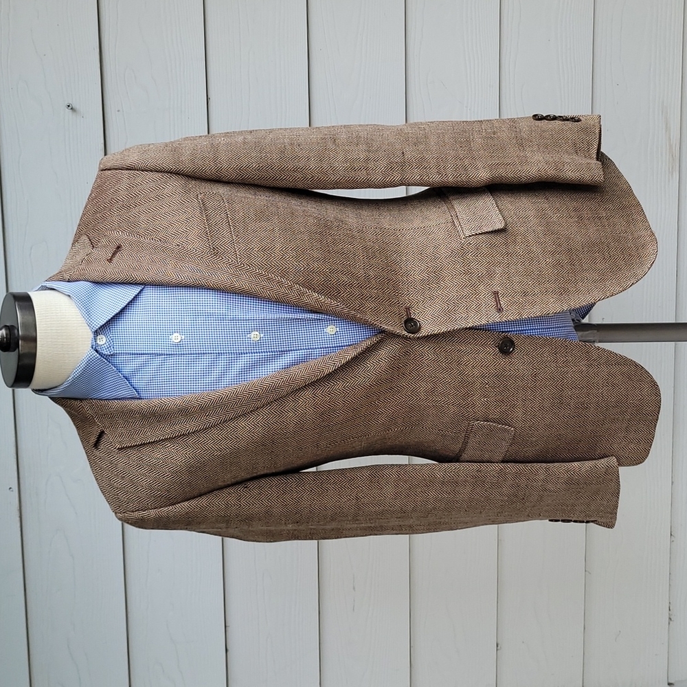 J CREW Ludlow Tan Brown Linen Herringbone Mens Sz 36 S Sport Coat Blazer